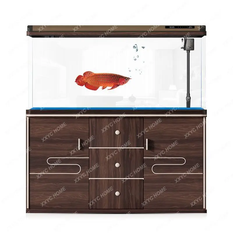 

Fish Tank Aquarium Living Room Lazy Ecological Change Water Glass Floor Home with Base Cabinet Fish Globe