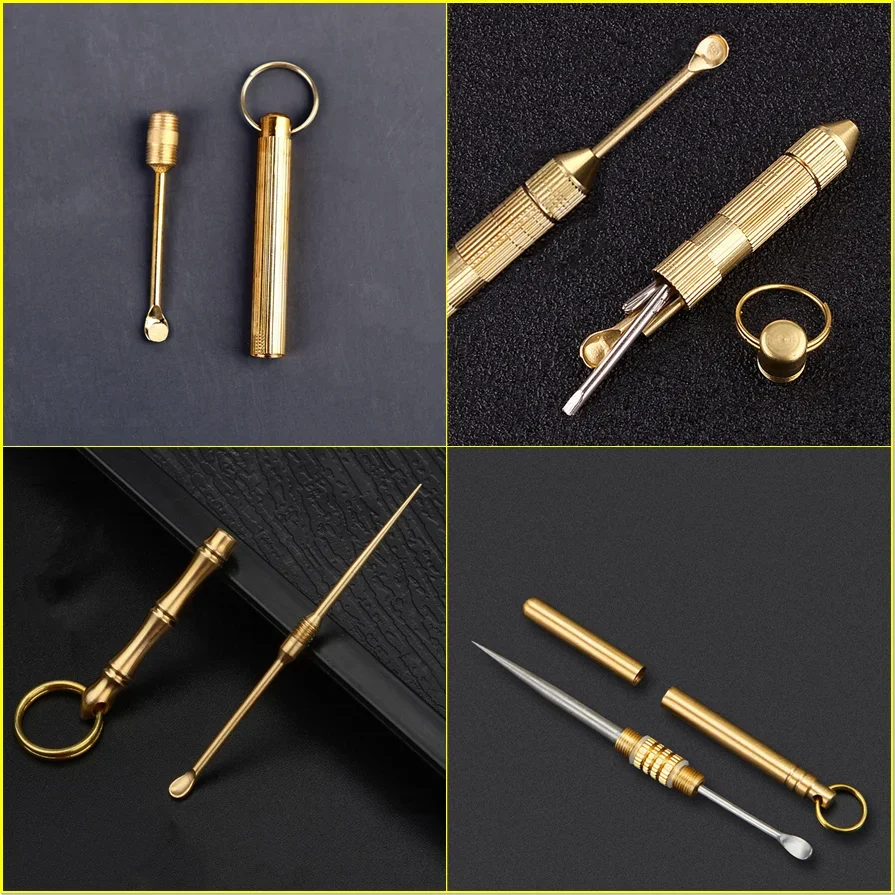 4 Styles Brass Mini Tool Keychain Pendants Mini Spoon Metal KeyChain Portable Ornaments Charms Bag Hanging Car Key Accessories