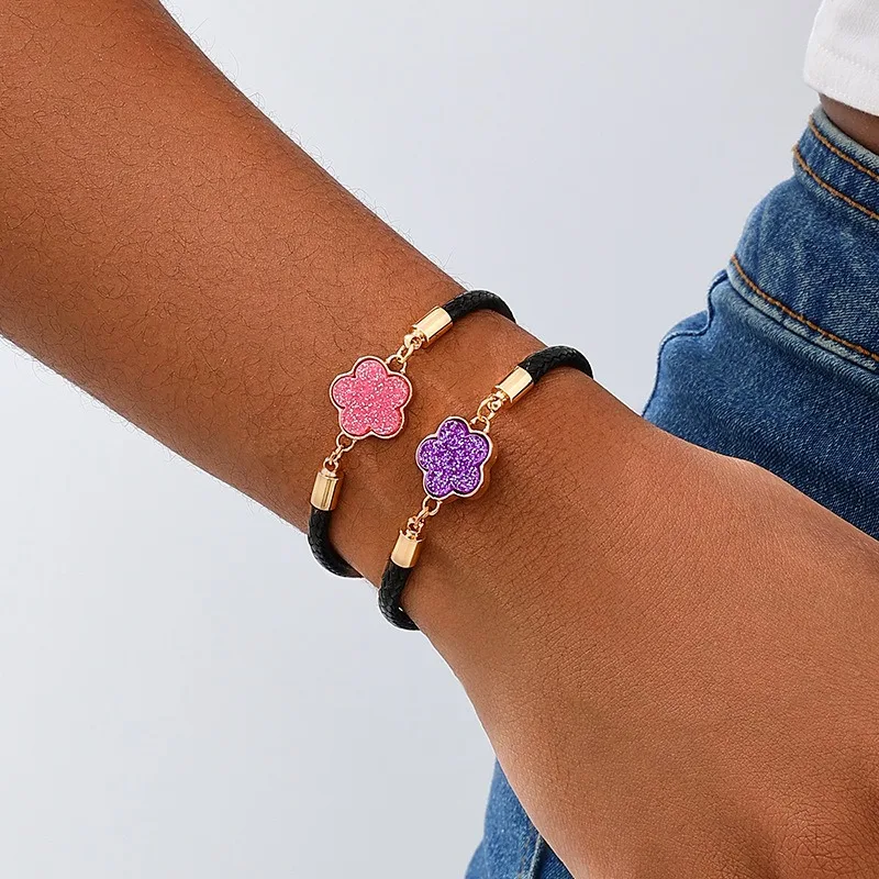 Classic Colorful Five-Leaf Grass Bracelet For Women Adjustable Genuine Braided Leather Hand Chain Party Jewelry Chiristmas Gifts