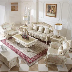 Palace French Furniture Solid Wood Gold Foil Fabric Sofa European Luxury Living Room 123 Combination