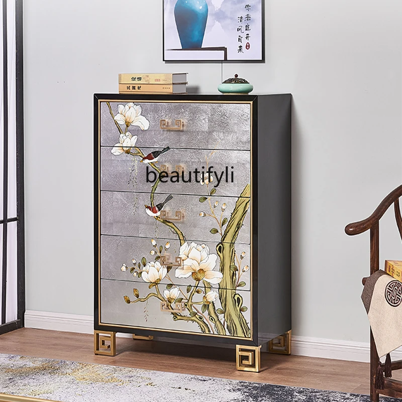 New Chinese Hand-Painted Light Luxury Multi-Drawer Decorative Locker Doorway Hallway Solid Wood Silver Foil Paint