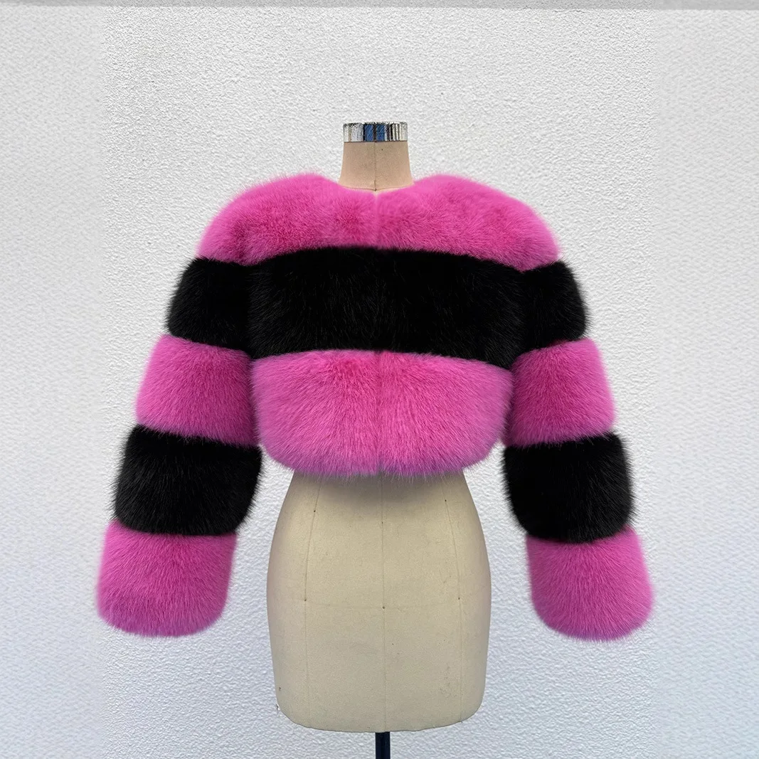 Zipper Short Faux Fox Fur Jacket Patchwork O Neck Plush Outerwears Stylish Women's Furry Jackets Winter Nine Quarter Fluffy Coat