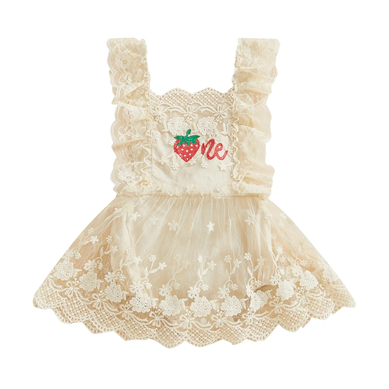 Baby Girls Summer Romper Dress Sleeveless Strawberry Embroidery Lace Tulle Patchwork Romper