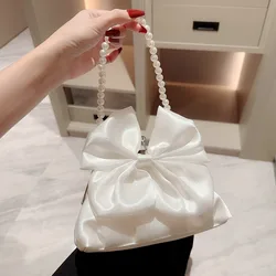 Korean White Satin Bow Fairy Handbags Clutch For Women Fashion Pearl Beaded Chain Handbag Evening Bags Prom Party Shoulder Bags