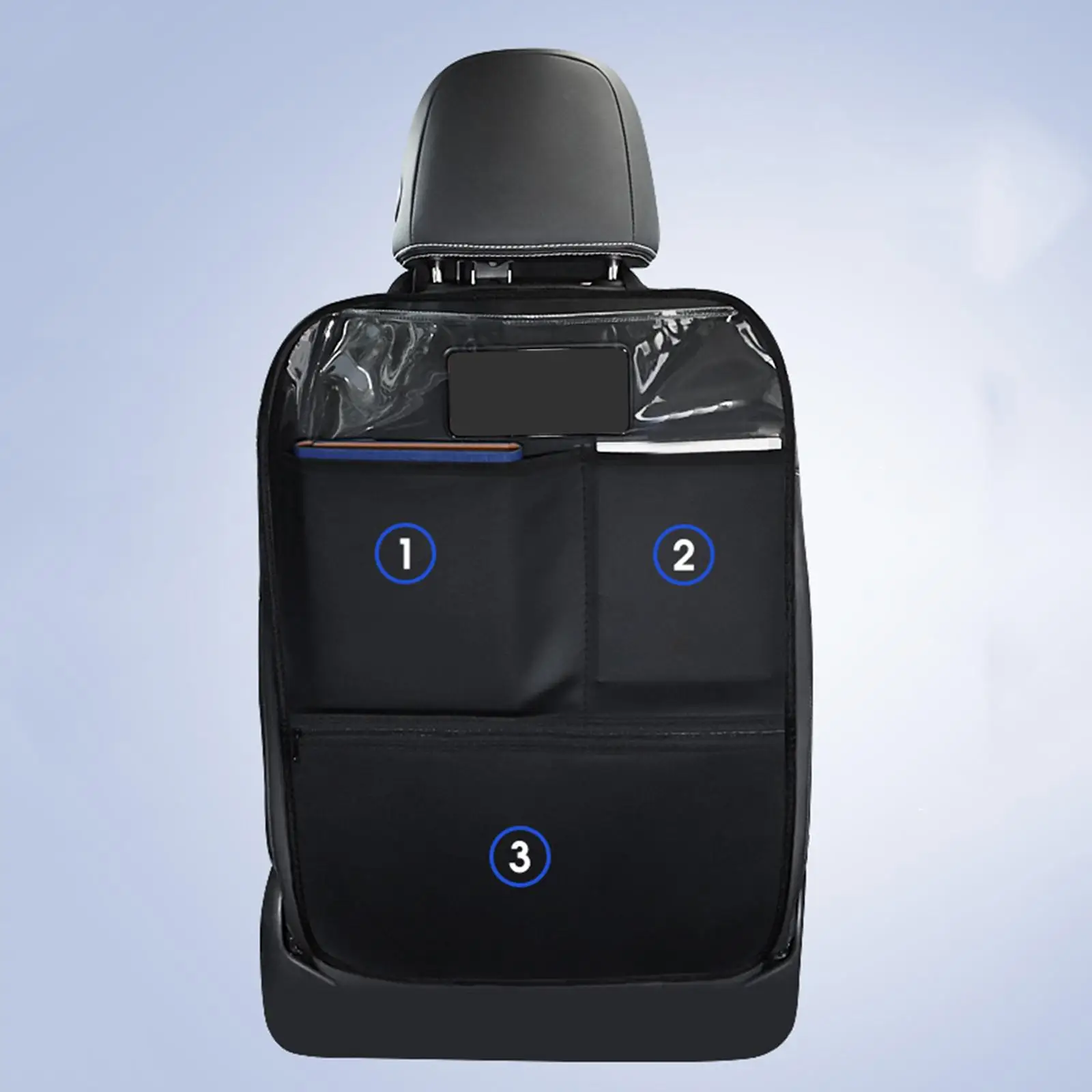 PU Leather Back Seat Kick Mat Anti Kick Pad Car Seat Protector with Clear Phone Pocket for Camping Car Use