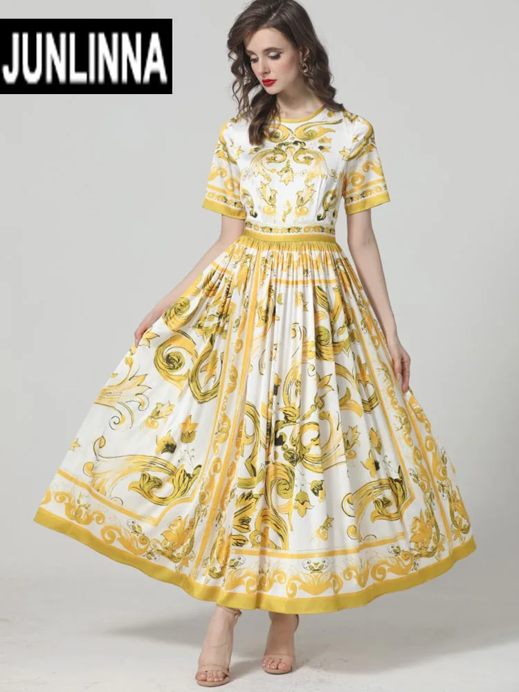 

JUNLINNA Fashion Party Holiday Women Dress Yellow Porcelain Printing Retro Vestidos Elegant Lady Sliming