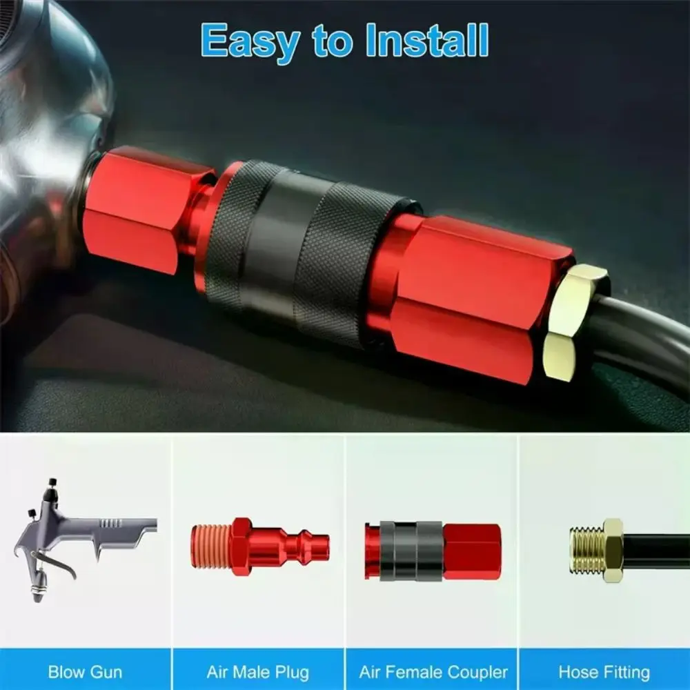1/4 Inch NPT Thread Air Coupler Plug Kit Red Coating Aluminium Lightweight Quick Connect Connector Set Universal Fitting