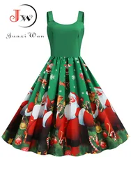 Women's Sexy Spaghetti Strap Swing Dress Vintage Christmas Robe Santa Snowflake Print Winter Party Dress