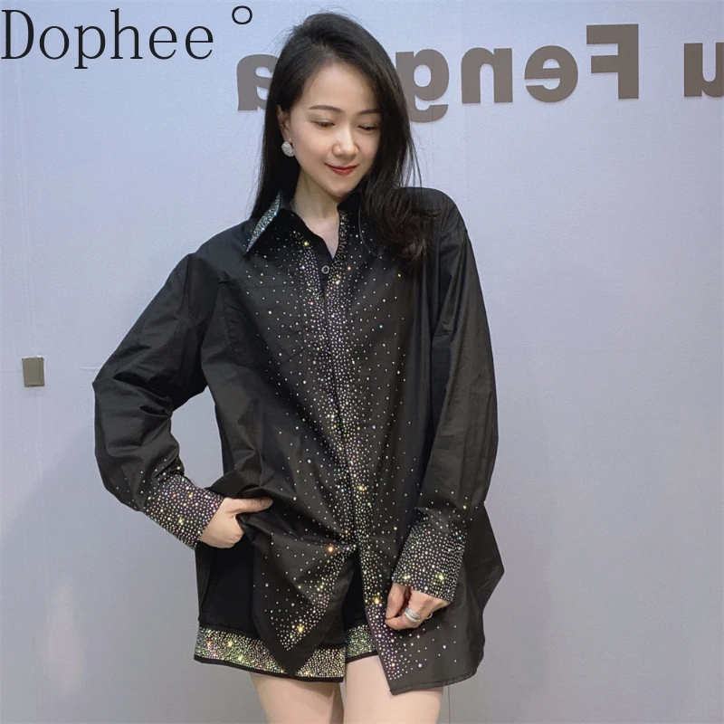 Blingbling Hot Drilling Long Sleeve Blouses Women Spring Autumn Loose Cardigans Top All-match Mid-long Casual Shirts 4 Colors