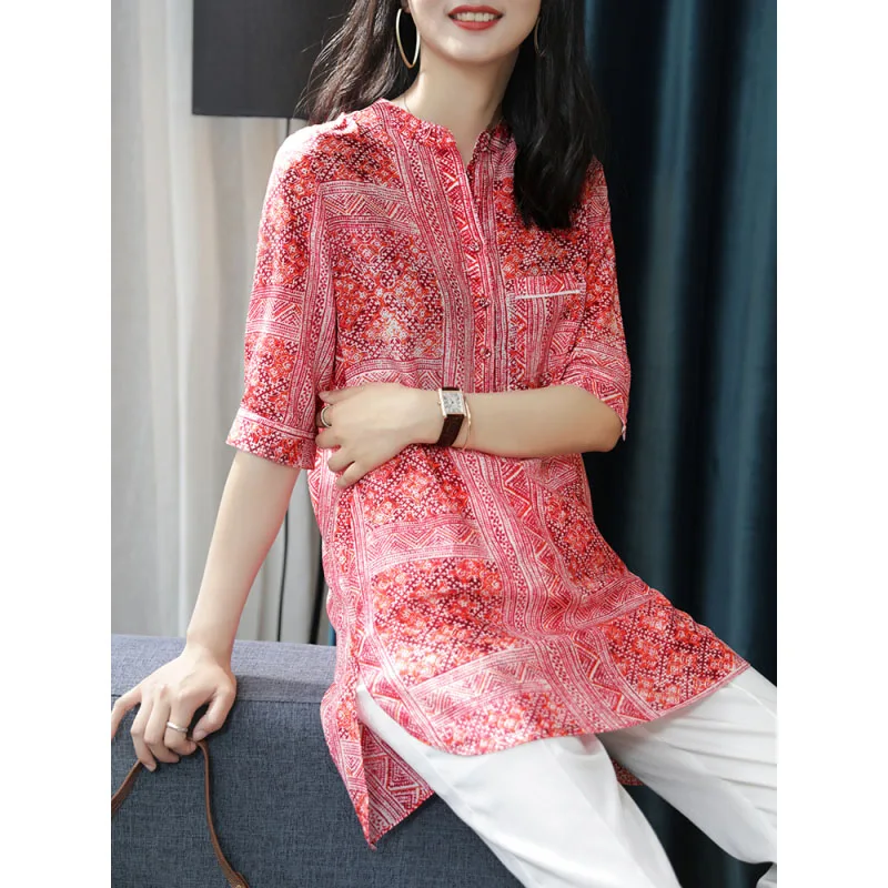 Pullover da donna 2024 New Summer Simplicity Silk Standing Collar Print Fashion Loose Commuter Casual mezza manica in Chiffon top