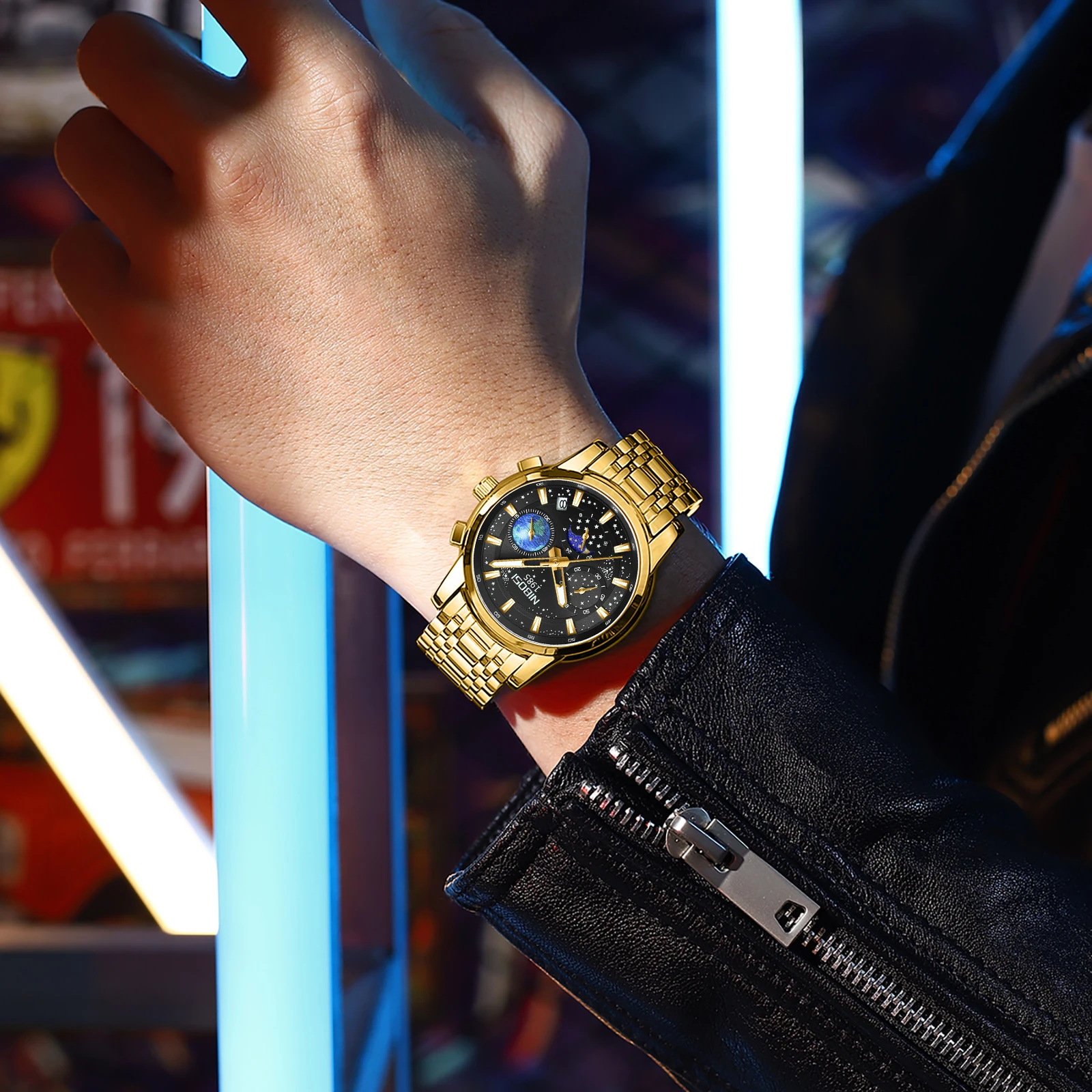 NIBOSI Top Brand Luxury Men's Watch Waterproof Luminous Stainless Steel Lunar Phase Timing Code Watch New Quartz Men's Watch