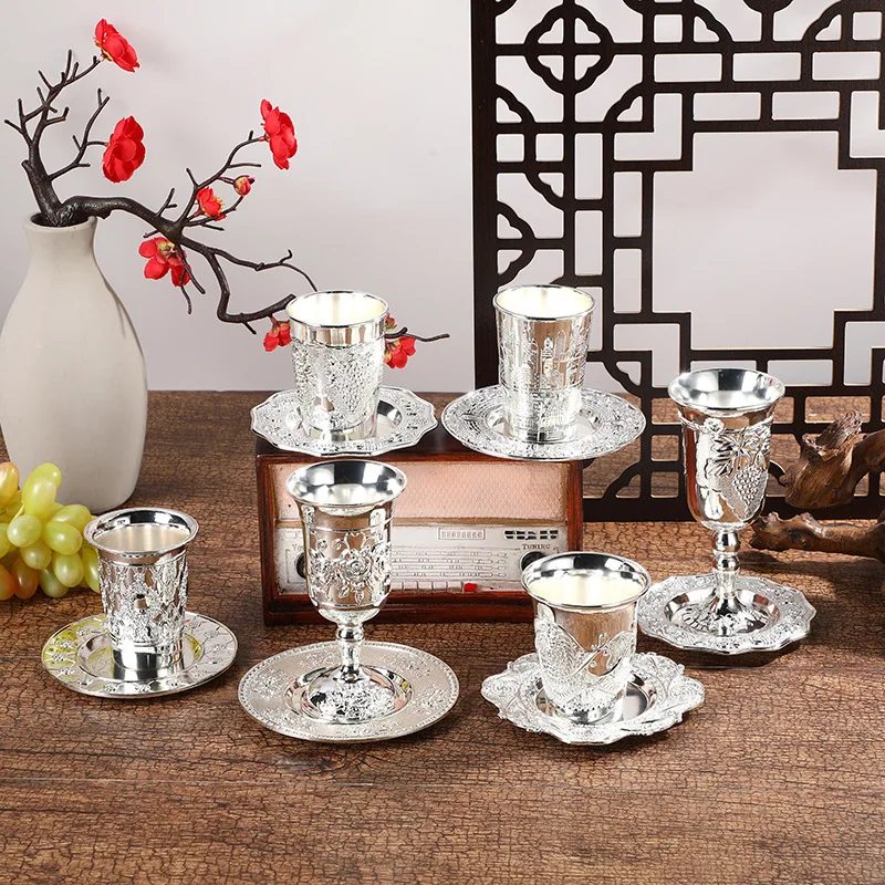 Taza Kiddush chapada en plata, copa de vino niquelada con platillo, taza de vino Judaica Shabbos, paseapa para Shabbat Havdalah,