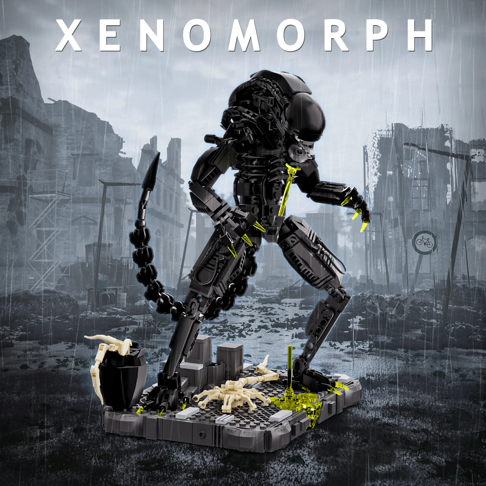 JAKI Alien Xenomorph Monster 670 PCS Building Blocks Building Bricks Model Kit Construction Toy Aliens Sci-Fi Horror Movie Poseable Action Figure Glow Facehugger Chestburster Alien Egg Diorama Display Halloween Christmas Birthday Gift Men Teens Kids Fans