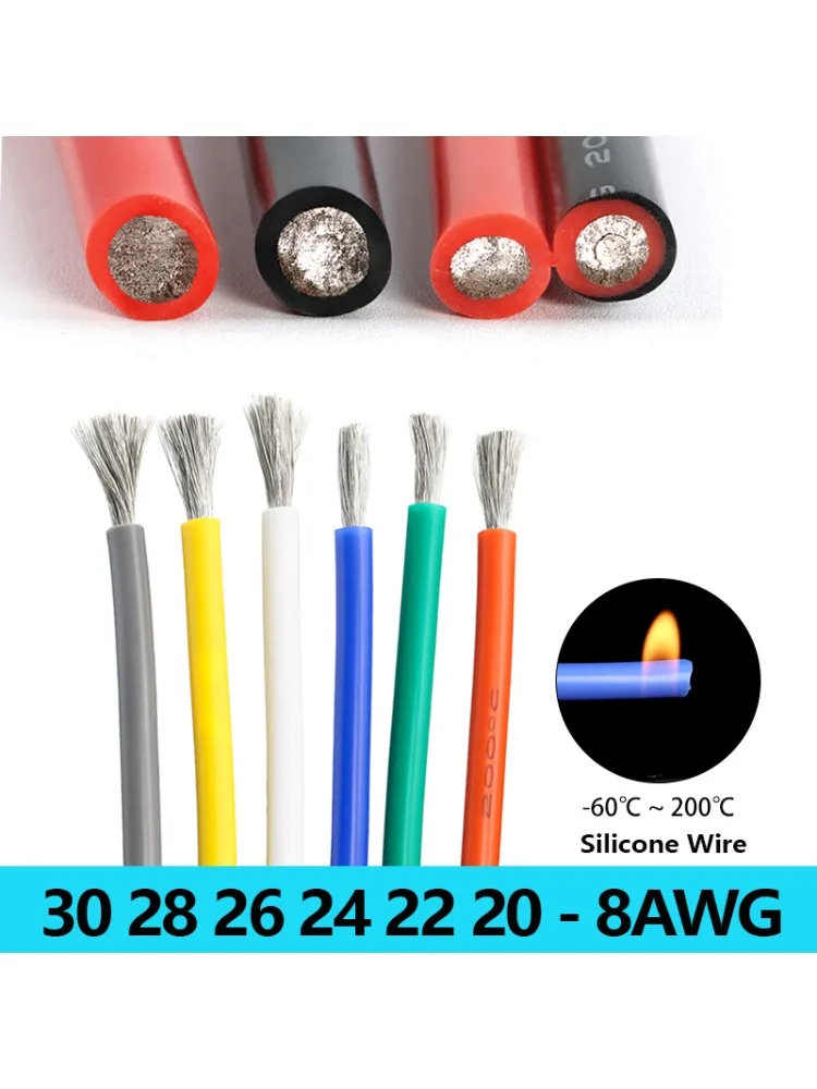 Câble en cuivre et caoutchouc de Silicone souple, 1/5/10M, 30 28 26 24 22 20-8awg, fils d'éclairage LED flexibles pour bricolage, cordon d'alimentation électrique pour voiture