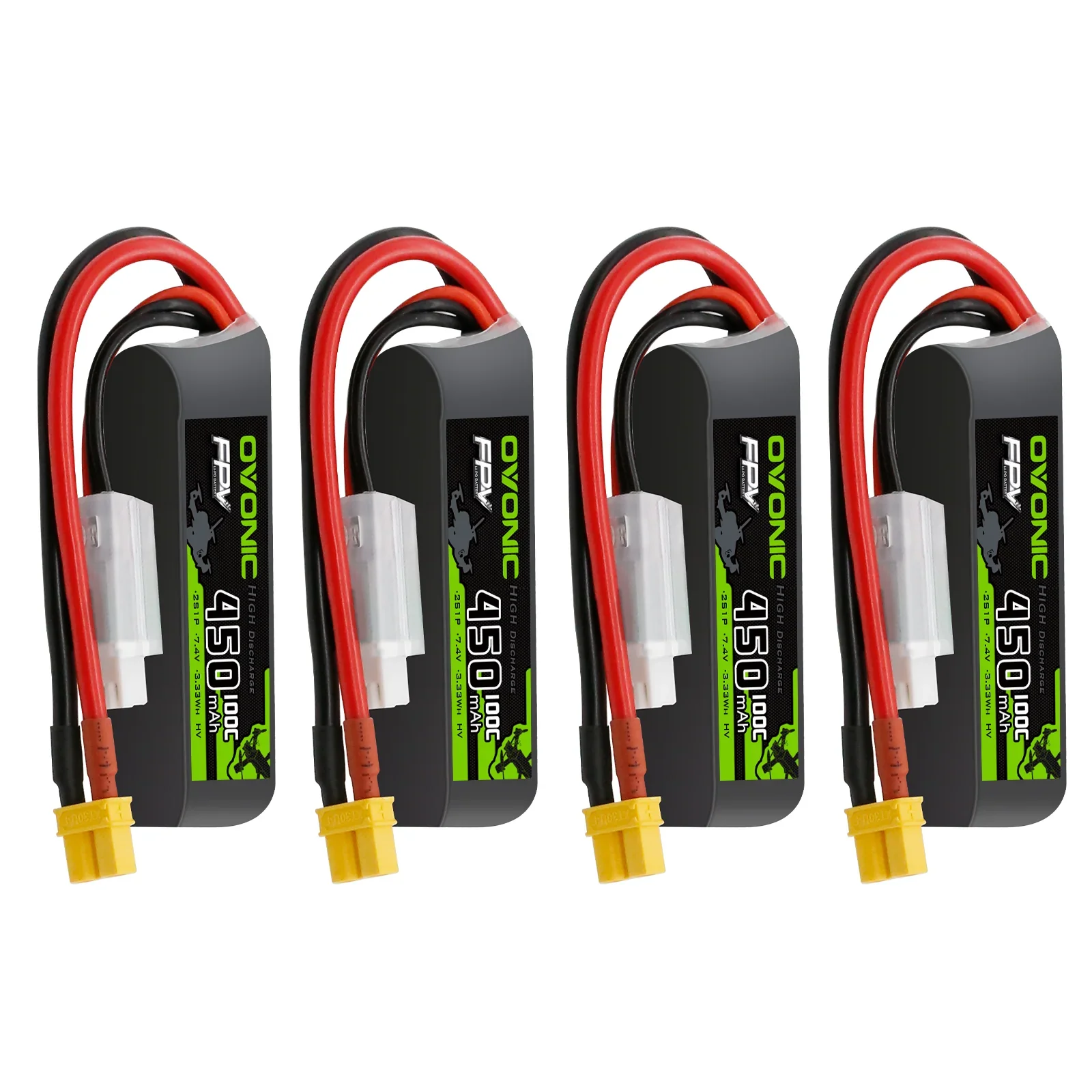 OVONIC 2S LiPo Battery 450mAh 2S1P 100C 7.4V XT30 Connector 4 Pack for 2S Tinywhoop Cinewhoop Brushless FPV Whoop Drone
