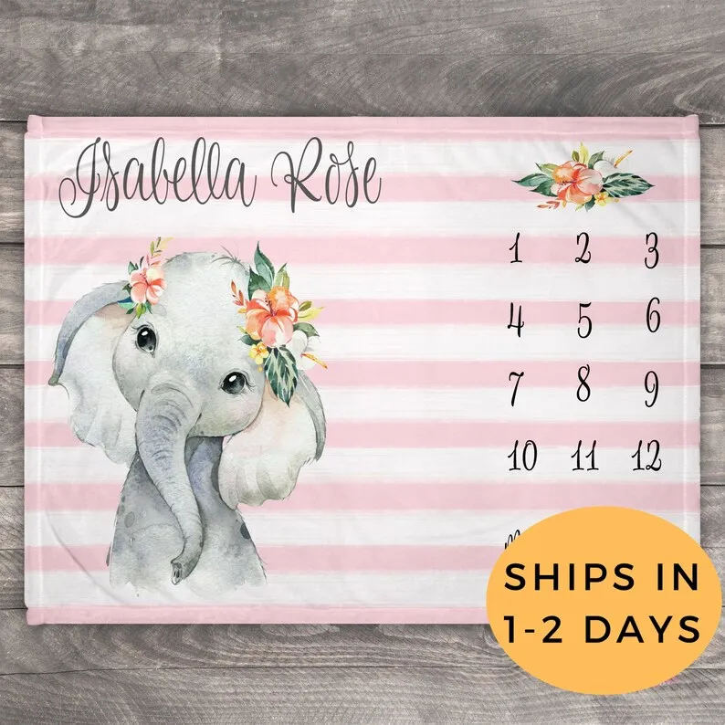 

Custom Photo Blanket, Milestone Blanket, Elephant Baby Blanket, Photo Blanket, Elephant Baby Pink And Grey, Jungle Baby Shower,