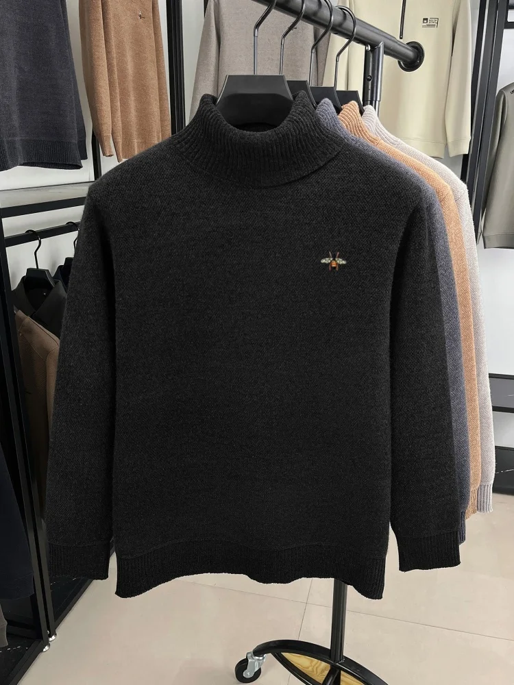 Luxur winter thick warm sweater men's high-end brand new trendy boutique bee embroidery Korean casual high neck knitted pullover