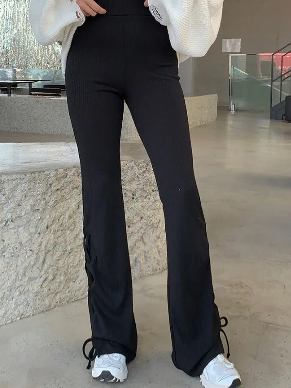 Korean Style Casual Pants Elastic Waist Rope Tie Micro Flared Pure Color Threaded Trousers for Women Spring Autumn Winter