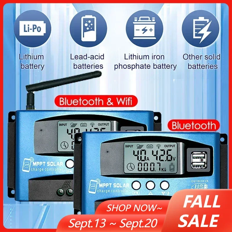 100A/60A/50A/40A/30A Bluetooth WIFI MPPT Solar Charge Controller 12V/24V 12-60V Dual USB Solar Panel Charger Regulator