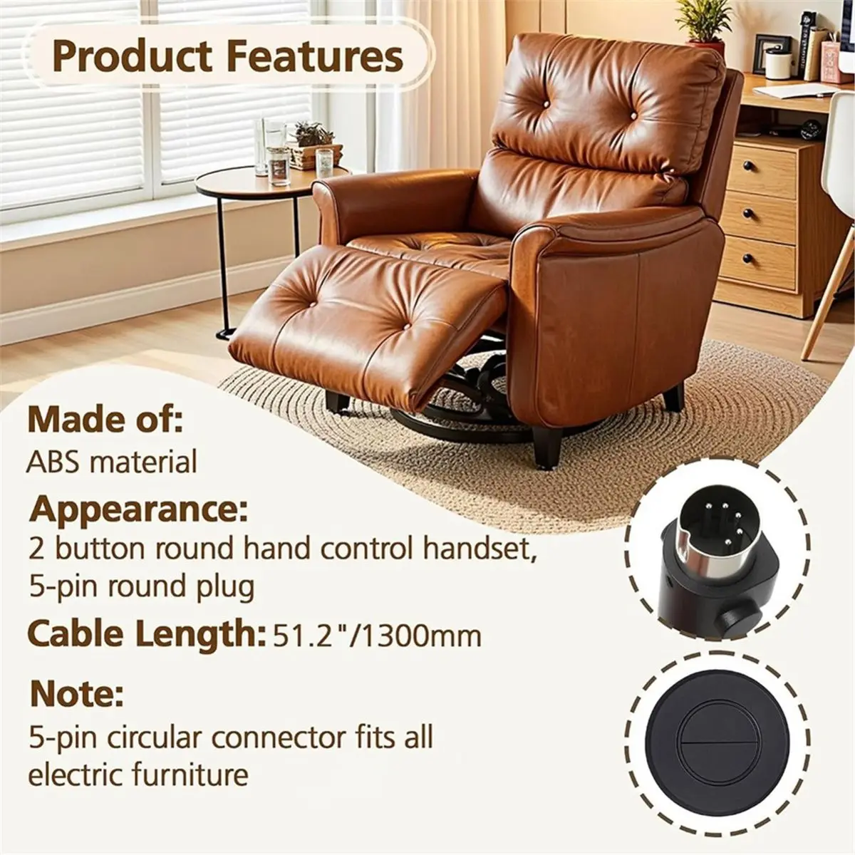 Universal Recliner Hand Control - 5 Pin Plug, Straight Head, 2-Button Round Handle for Lift Chairs & Recliners