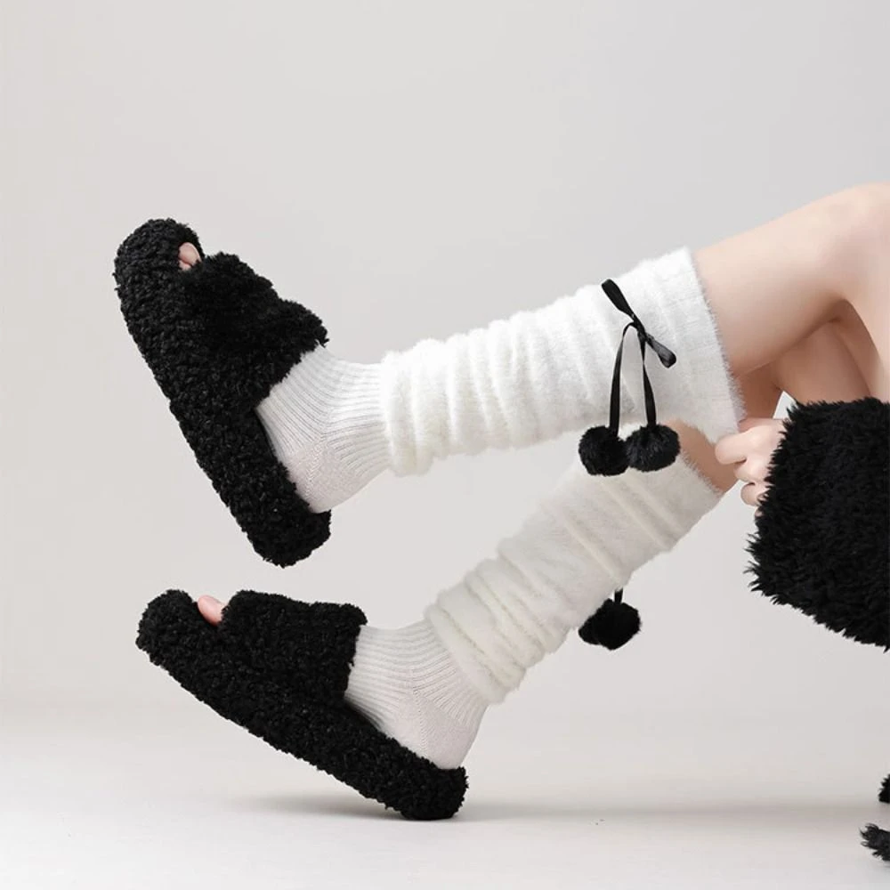 

Trendy Y2k Mink Fur Leg Warmer Plush Balls Thicken Balletcore Plush Stockings Pile Up Socks Sweet Knitted Leg Covers Fall Winter