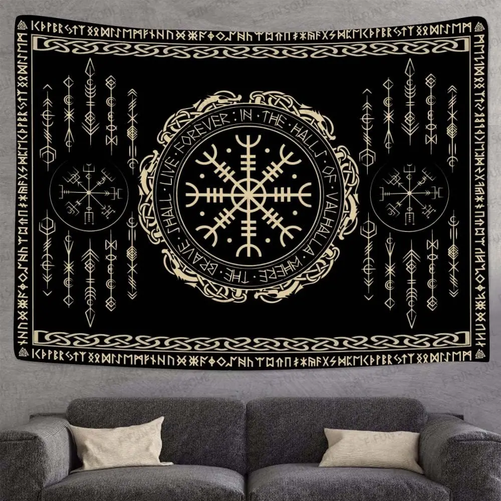 

Vegvsir Symbol Amulet Celtic Rune Scandinavian Aesthetic Mythology Tapestry Wall Hanging for Bedroom Living Room Decor