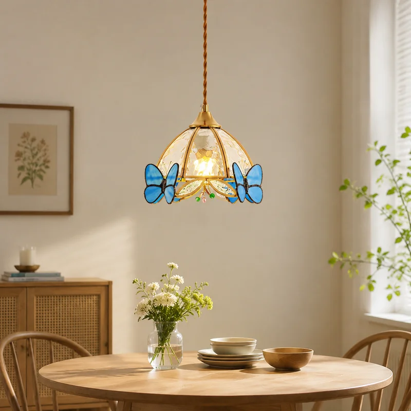 Vintage Nordic Stained Glass Butterfly Floral Hanging Fixture For Kitchen Island Dining Room Bedroom Bedside Home Pendant Lamp