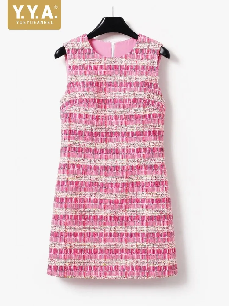 Office Ladies Elegant Striped Tweed Dress O Neck Sleeveless Casual A Line Short Dresses Women Spring Summer Fashion Tank Dress
