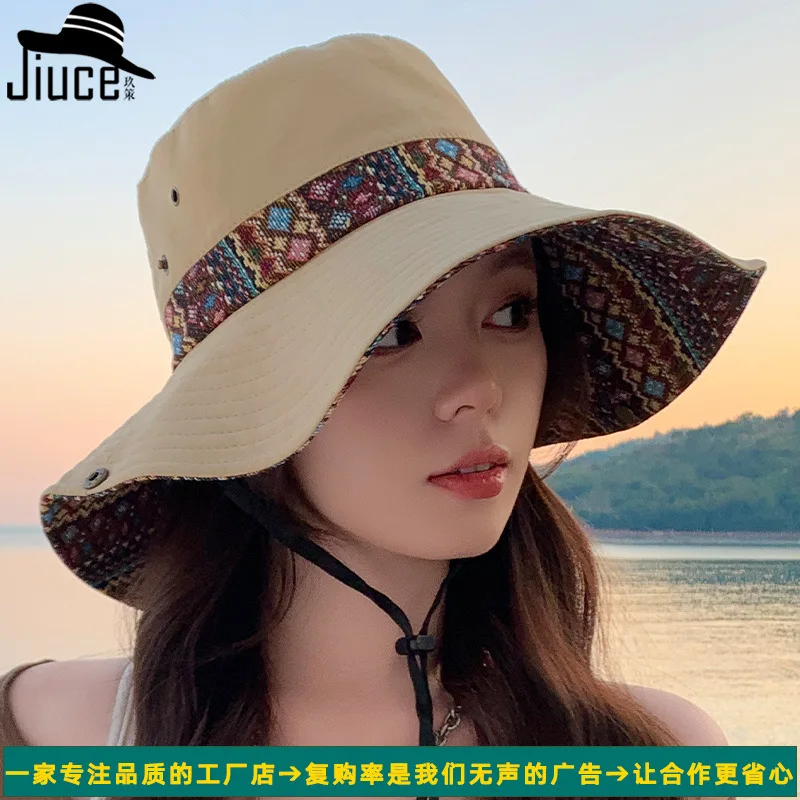 

Designer style national tide color jacquard big edge bucket hat cross-border summer big head suitable for sunscreen hat women