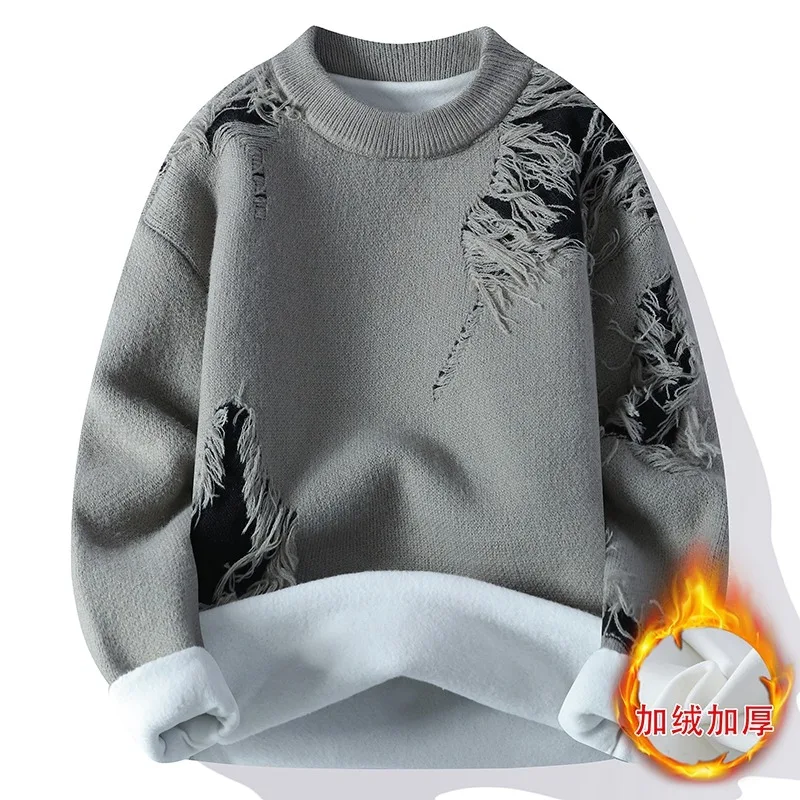 Men's Contrasting Color Pattern Long-sleeved Threaded Distressed Round Neck Pullover Fashionable Knitted Bottoming Shirt Top