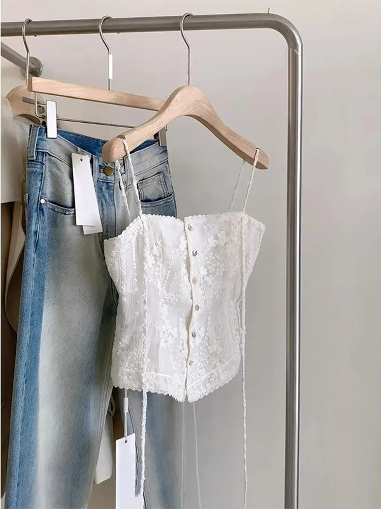 Chic Korean Style Women's Lace Camisole Tank Top White Underwear Heavy Embroidery Handbag Store Fashion Spring 2025 Short