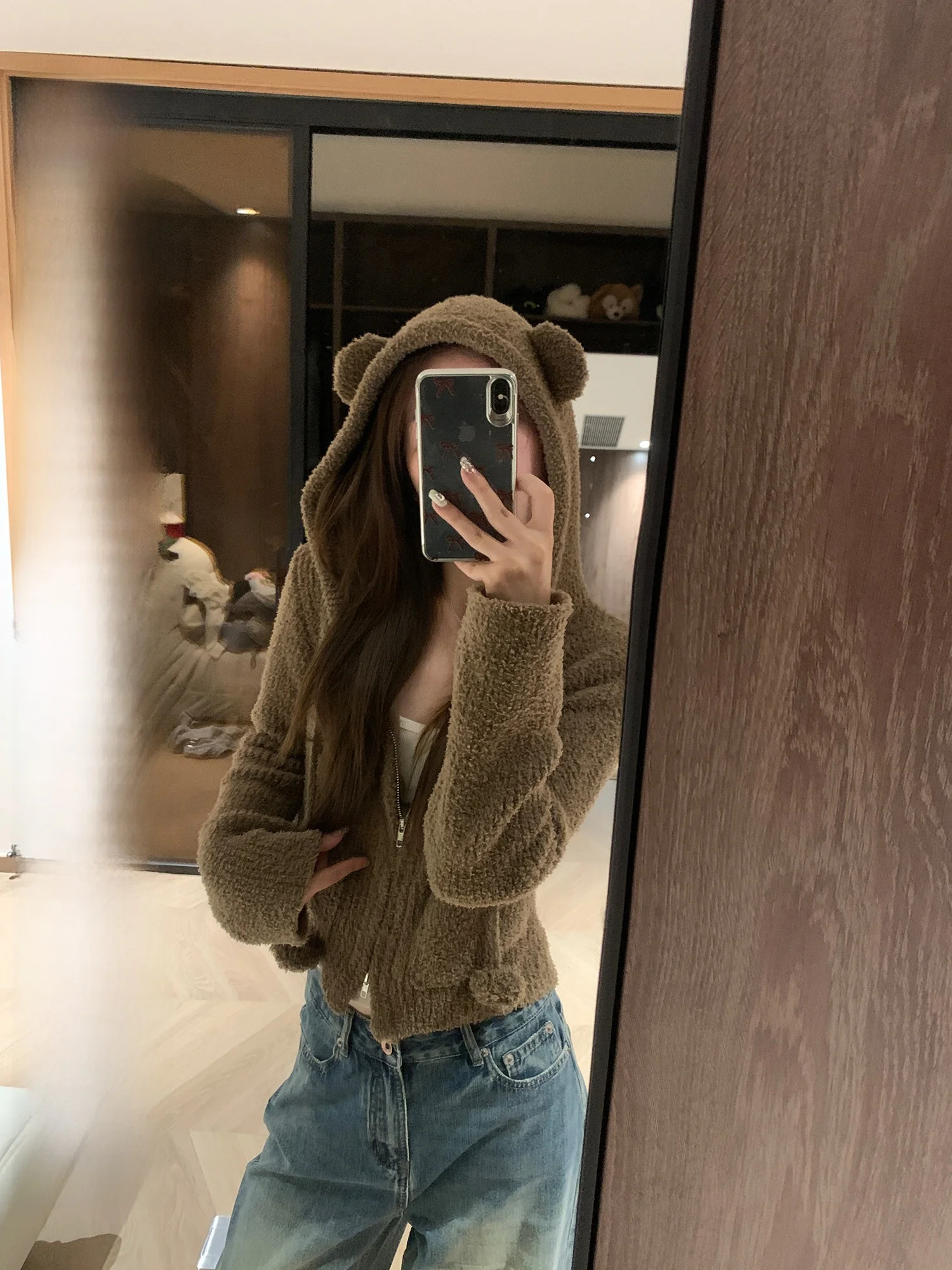 

Милый вязаный кардиган с капюшоном для женщин, цвет хаки, с длинными рукавами, из полиэстера, для повседневной носки