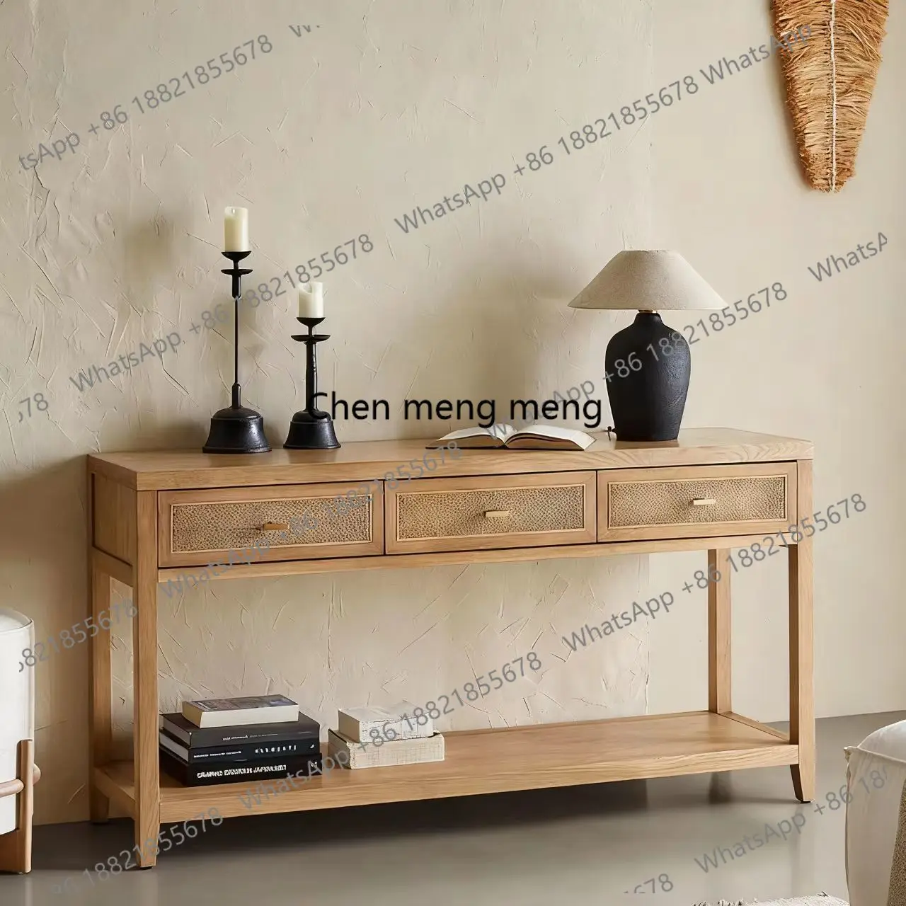Solid wood entryway, wabi-sabi-style rattan drawer storage cabinet, American living room, entrance to the wall, decorative table