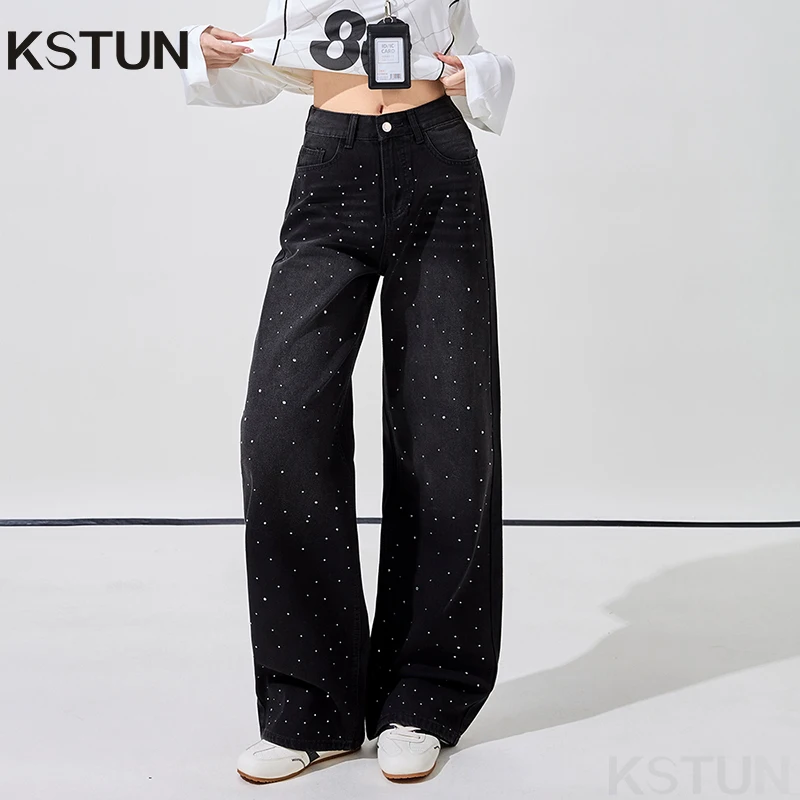 

Black Rhinestone Embellished Wide-leg Jeans for Women Spring/Fall 2026 Collection High-waisted Loose Fit Drapey Slimming Look