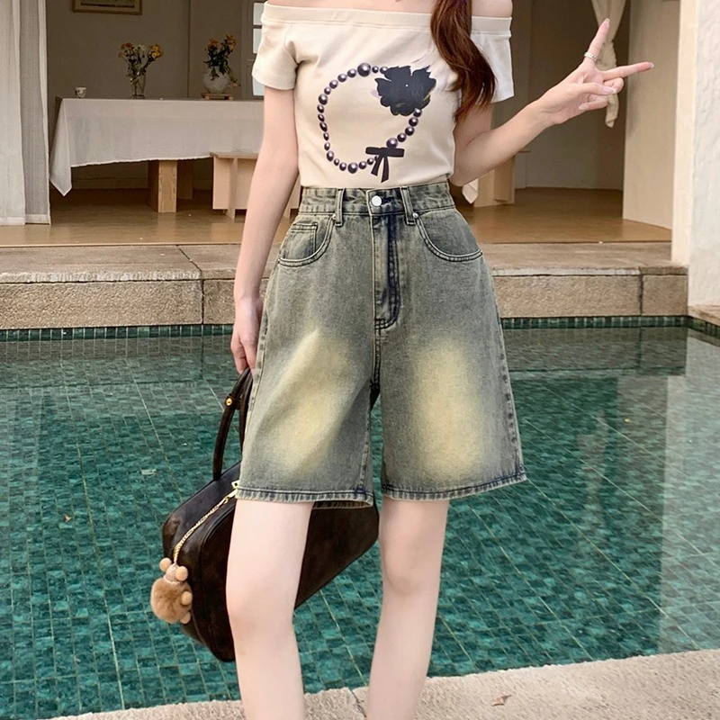 2024 Spring New Denim Shorts Women Straight Leg High Waist Solid Color American Retro Casual Versatile Short Pants Female