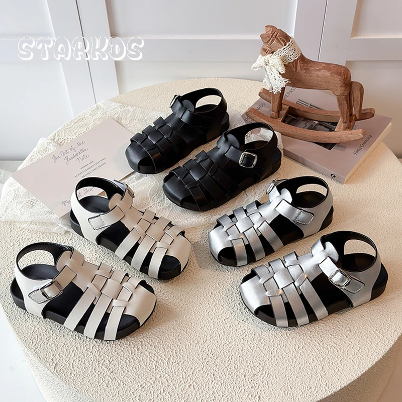 Brand Design Wrap Toe Weaved Sandal Kid Girl Round Toe Flat T-Strap Sandals Baby Child Retro Thick Soft Footbed Caged Strap Shoe