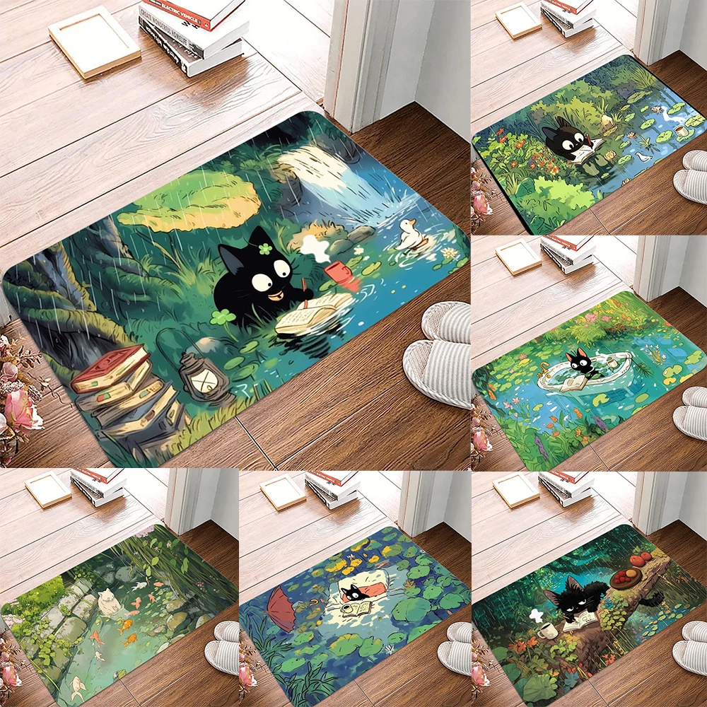 Niedliche Cartoon-Katze, Fisch, liest im Fluss, grüner Wald, Eingangsmatte, Willkommensmatte, Eingangstür, Bodenmatte, Halloween-Anime-Teppich