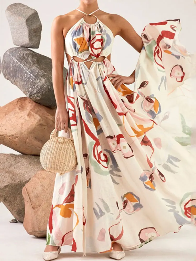 

Elegant Vintage Print Dress Halterneck Drawstring Sundress 2022 Summer Tunic Women Casual Hollow Lady Beach Sexy Maxi Dresses