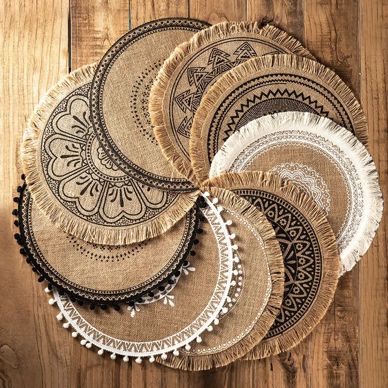 

1pc Round Embroidery Table Placemat Woven Cotton Placemat Coffee Cup Mats Tableware Coaster Kitchen Decoration