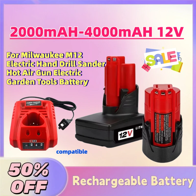 

New 2.0AH-4.0AH 12V Rechargeable Battery for Milwaukee M12 Electric Hand Drill Sander Hot Air Gun Electric Garden Tools Battery