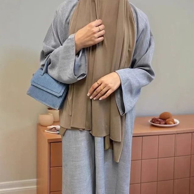 

Muslim Women Loose Dress Solid Color Slimming Elegant High Waist Abaya Robe Long Dress
