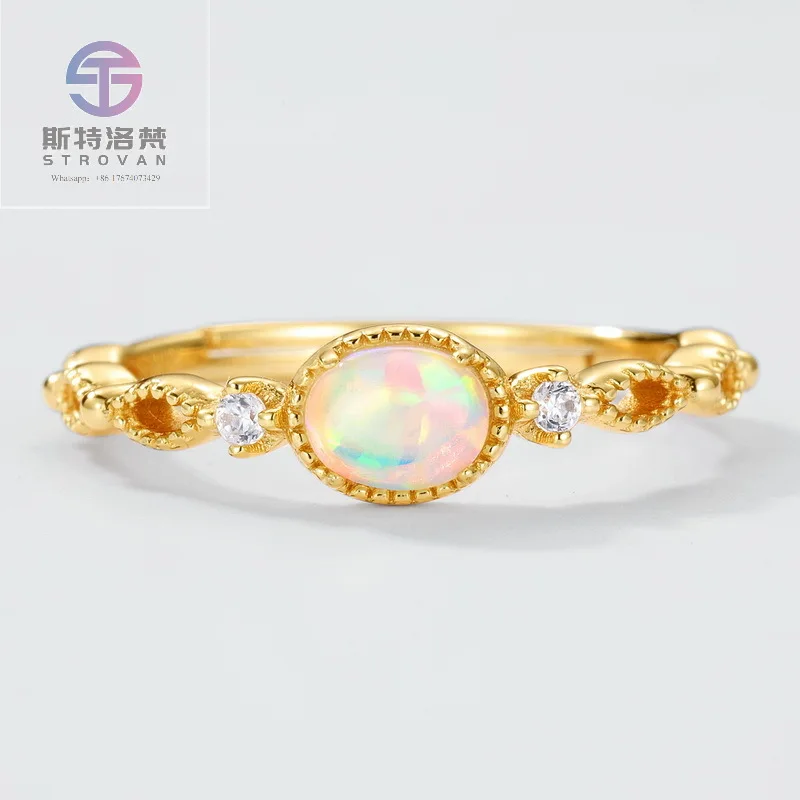 

Luxury Women's Layering Jewelry 925 Sterling Silver Stacked Band Gold-Plated Synthetic Opal Open Ring