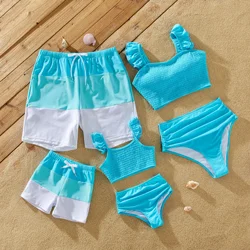 PatPat Family Matching Colorblock Drawstring Swim Trunks or Shirred Ruffle Strap Two-Piece Swimsuit Suitable for Summer Season