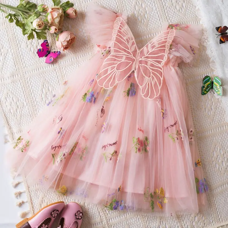 

Back Bow Wings Fairy Strap Embroidered Butterfly Mesh Dress Sweet Baby Girl Summer Princess Party Birthday Dress Girls