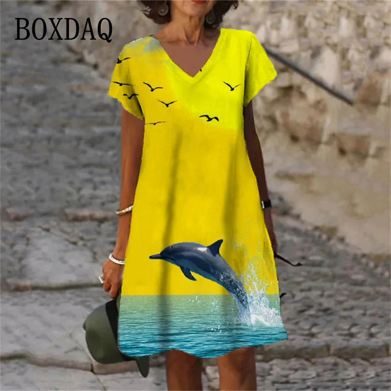 Ocean Marine Whale and Birds Scenery 3D Print Women Dress Casual V-Neck Short Sleeve Loose Dresses 2023 Summer Oversized Clothes