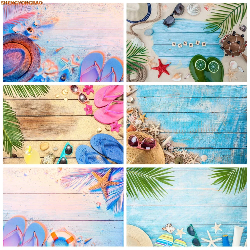 

Summer Wooden Board Background Photography Blue Shell Plank Photozone Backdrop Children Studio Photobooth Accessories