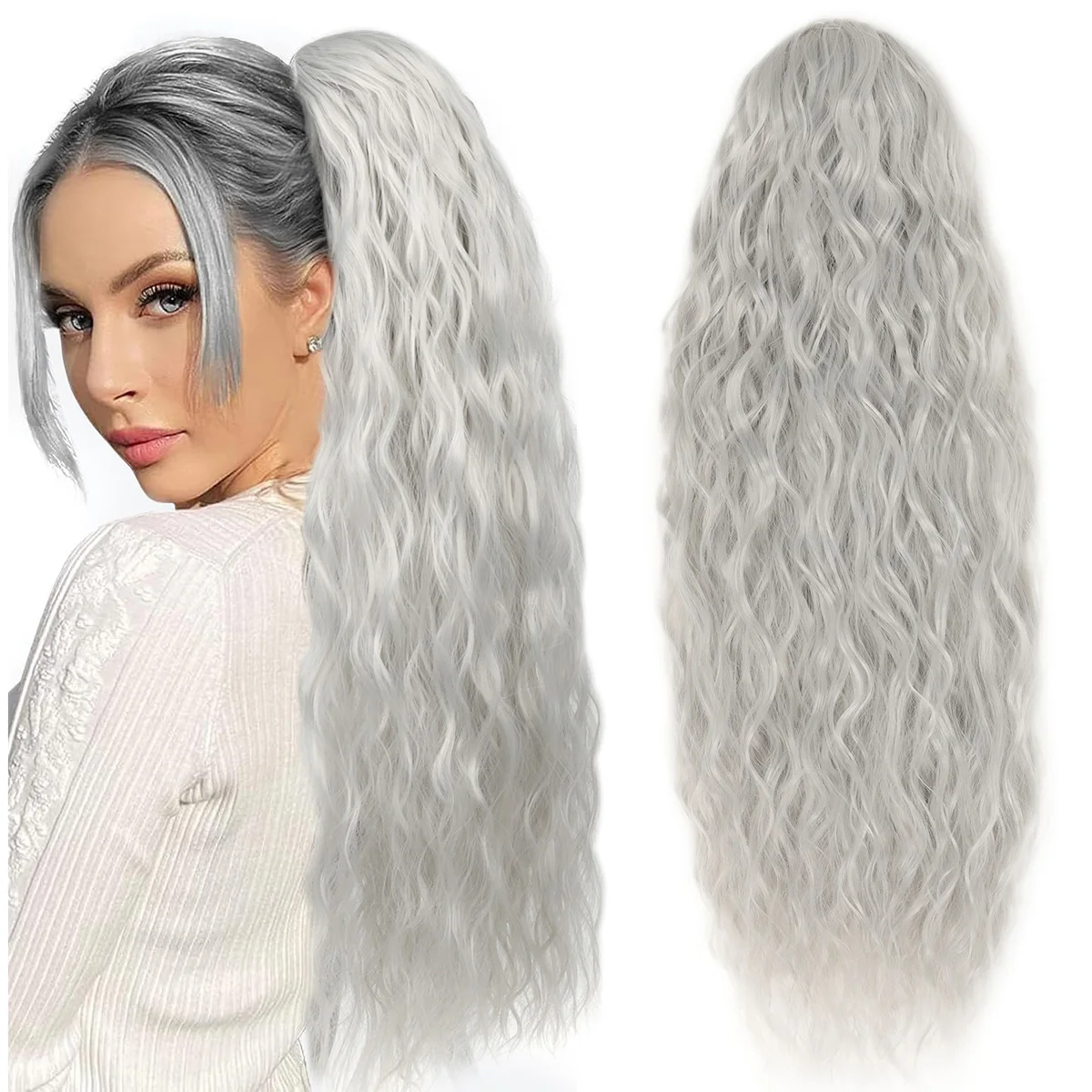 26Inch Synthetic Long Curly Wavy Drawstring Ponytail Corn Wave Ponytail Hairpiece Fake Hair Extension Long Ponytail for Women