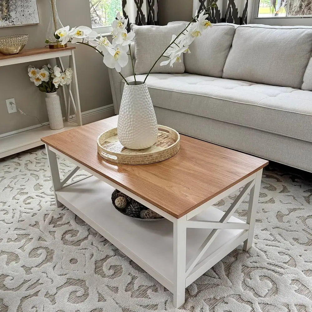 

Farmhouse Coffee Table 39, 2Tier Coffee Table Set with Storage for Living Room, XFrame Design Rustic Center Table, Easy Assembly