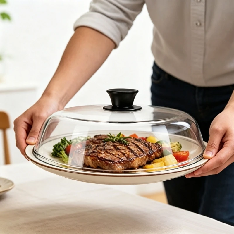 Glass Microwave Reheating Plate Lid with Top Knob for Meals, Plates, and Bowls JOMD