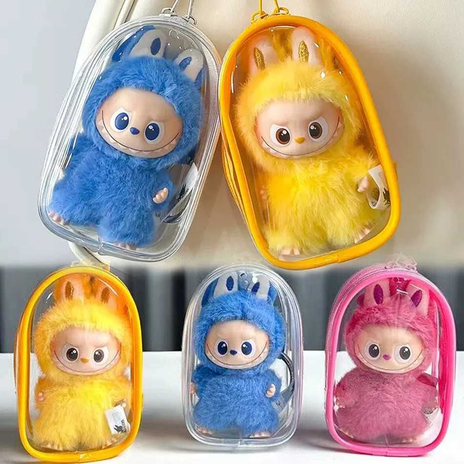 กล่องใส่ของเล่นแบบใสหลากสี สำหรับตุ๊กตา Labubu V4 ขนาด 10 ซม. พร้อมพวงกุญแจสำหรับพกพา
